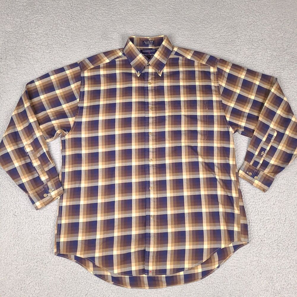 Vintage Hathaway‎ Sport Shirt Mens Medium Brown Blue Plaid Imperial Twill Combed